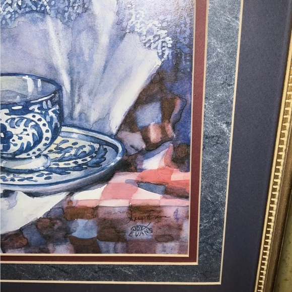 Vintage Joy Evans Blue Porcelian Tea Cup Signed, Framed & Matted Print 🍎 - Picture 7 of 9